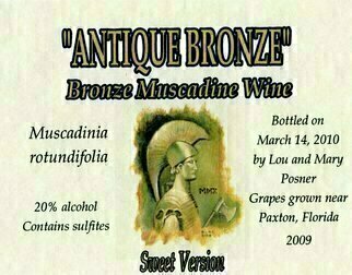 Lou Posner: 'Antique Bronze muscadine wine sweet version label', 2010 Other Printmaking, Vintage.  This is one extra label that was left over after bottling 17 bottles of Antique Bronze bronze muscadine wine on Mar.  14, 2010.  The label art is based on an oil painting on canvas board, signed and dated, by the artist.  The label design and layout is by Mary E...