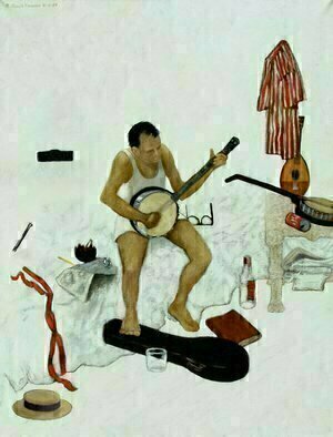 Lou Posner: 'Banjo Player', 1987 Oil Painting, Music. Practice, practice, practice...