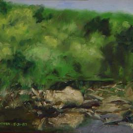 Lou Posner: 'Bend in the River', 1987 Oil Painting, Landscape. Artist Description: The Farm River, East Haven, Connecticut.  Trout in there. . .  believe it or not. . .  White strip frame. ...