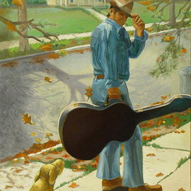 Lou Posner: 'Bloomington SingerSongwriter', 2002 Oil Painting, Music. Artist Description: In the 1970s Bloomington, Indiana, was a thriving cultural mecca in southern Indiana.  Lots of great musicians, writers, artists, crafstmen, etc.  This was one of them, Arthur.  Hoagy Carmichael was born in the house in the background, but not in Bloomington. ...