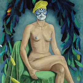 Lou Posner: 'Brasil', 2006 Oil Painting, Mask. Artist Description: My vision of an allegorical Brazil.  Feathers have always been a part of Brazilian indigenous culture.  I was also inspired by the colors and design of the Brazilian flag and the sensuality of Carnaval parades.  Eu creo que talvez eu estou em parte Brasileiro, Carioca, Amerioca...