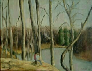 Lou Posner: 'Bryants Creek Lake', 1978 Oil Painting, Landscape.  I was painting this stump at Bryants Creek Lake near Bloomington, Indiana, when this young couple wandered into the scene.  I included them.  ...