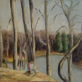 Lou Posner: 'Bryants Creek Lake', 1978 Oil Painting, Landscape. Artist Description:  I was painting this stump at Bryants Creek Lake near Bloomington, Indiana, when this young couple wandered into the scene.  I included them.  ...