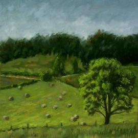 Lou Posner: 'First Cut of Hay', 2000 Oil Painting, Landscape. Artist Description: Although we no longer raise beef cattle, a local farmer cuts the hay on this field, as seen from the front deck. In May of 2011, we moved from this property. The little square bales are becoming a thing of the past. ...