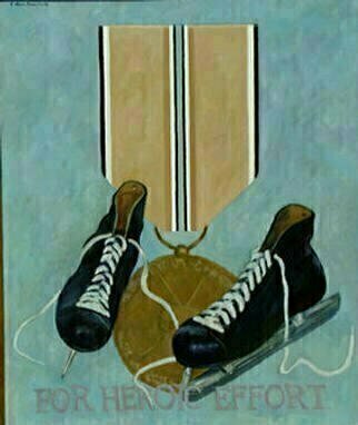 Lou Posner: 'For Heroic Effort', 1988 Oil Painting, Military. One of a series of paintings honoring footwear with imaginary military decorations....