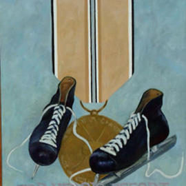 Lou Posner: 'For Heroic Effort', 1988 Oil Painting, Military. Artist Description: One of a series of paintings honoring footwear with imaginary military decorations....
