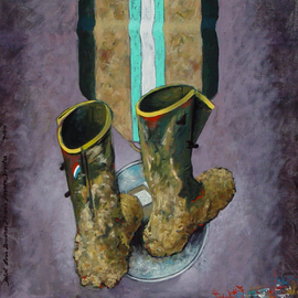 Lou Posner: 'For the American Dream', 2011 Oil Painting, Zeitgeist. Artist Description:  These are the same boots featured in the painting, Muddy Boots but integrated into the foot- wear- and military- medal series of paintings.  Home ownership IS the American Dream, but is actually the American Nightmare.  Ask anyone.  The colors in the ribbon of the military- style medal reflect ...
