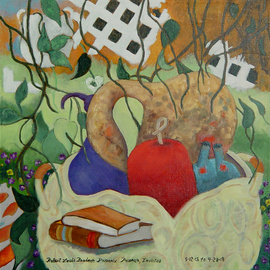 Lou Posner: 'Gourds', 2018 Oil Painting, Visionary. Artist Description: A backyard patio filled with plants, books, painting gear, white lattice, gardening tools, homemade cabinet and GOURDS. ...