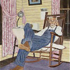 Lou Posner: 'Grandfather Floyd', 1979 Oil Painting, Portrait. Artist Description: This is Charles Floyd, of Willacoochee, Georgia, Marys maternal grandfather, a farmer and builder during the Great Depression.  He was said to be the only man in Coffee County who could and did read the newspaper.  Note the details- - the floor lamp, the seat cushion replaced by a ...