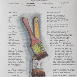 Lou Posner: 'Illustrated thank you letter to Judith Daniel and Allen Button', 2003 Pencil Drawing, Still Life. Artist Description:  They invited us for a holiday party.  I thanked them with this illustrated letter.  I never heard from them again. ...