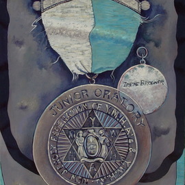 Lou Posner: 'Junior Oratory Medal 1929', 2012 Oil Painting, Family. Artist Description: In 1929, at the age of 16, my mother, Irene, won an oratorical contest in Trenton, NJ, sponsored by the NJ Federations of YMHA s and YWHA s.  This presage her amateur acting career in Trenton and then in Yardley, PA in later life.  The ribbon was torn ...