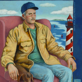 Lou Posner: 'Mark and Weenie', 2007 Oil Painting, Animals. Artist Description:  Mark loved his female dachshund, Weenie, very much.  When Mark wasn' t at work, they were always together. The blanket Mark brought to the studio to keep Weenie warm had a lighthouse theme on it: Mark' s wife collects lighthouse themed items, so she too is in the ...