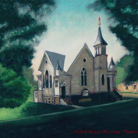 Lou Posner: 'Methodist Church in Minnesota', 2005 Oil Painting, Religious. Artist Description:  Methodist church in Minnesota. [ SOLD 7- 22- 05] ...
