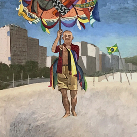 Lou Posner: 'Picasso on Copacabana Beach', 2020 Oil Painting, Famous People. Artist Description: Picasso visits Copacabana Beach, Brazil, bringing a New Year s gift of color and delight which sparks joy. ...