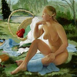 Lou Posner: 'Pour Manet', 2002 Oil Painting, nudes. Artist Description: Inspired by Philip Seward Johnson' s outdoor sculpture of Manets Luncheon on the Grass, at Grounds for Sculpture park in my hometown of Trenton, New Jersey.  The sculpture showed me the BACK side of the figures.  I removed the two men, changing the possible stories the viewer ...