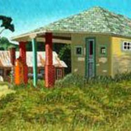 Lou Posner: 'Shady Curve', 2000 Oil Painting, Landscape. Artist Description: An old country general store surrounded by tourist cabins, the forerunners of modern motels.  On State Route 62 between State Highway 37 and Possum Junction, Indiana.  Painting done from pencil sketches.  The main building, along with some others there, burned to the ground about a year after the ...