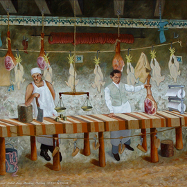 Lou Posner: 'The Butcher Shop', 2008 Oil Painting, Archetypal. Artist Description:  A tribute to Ludwig Meidner, Bruno Schulz and Itchky of Itchkys Liberty Kosher Meat Market, Market St. , Trenton, New Jersey. Drawing on elements as diverse as European butcher shops of the 19th century, contemporary Brazilian art, vanitas symbolism, and hermetic Cubism of 1910- 12, etc. , this painting combines ...