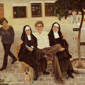 Lou Posner: 'The Tale of the Priest of the Nun', 2003 Oil Painting, Religious. Artist Description: Real titleThe Nuns Priests Tale a reference to Chaucer.  An artist friend befriends two nuns and learns a lot about life.  Dog observes.  Sour- puss passes judgment....