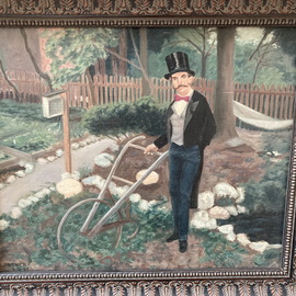 Lou Posner: 'gentleman farmer', 1984 Oil Painting, Farm. Artist Description: A good friend and neighbor poses in formal wear in the magical vegetable and flower garden he created in our joint backyard on W. 4th St. , Westville, Connecticut.Collection, the estate of Thomas Emerson Horton, aka, Sandman.  Passed away on June 28, 2022.  In the possession of the ...