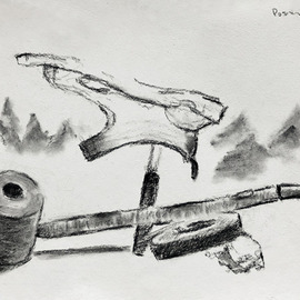 Lou Posner: 'harris peace pipe ed best 2', 2023 Charcoal Drawing, Still Life. Artist Description: A drawing for Sam Harris.  Reflective of my disturbed mind at the moment  7- 29- 23 .  The peace pipe was my dad s: he was was a Scoutmaster for 25 years.   ...