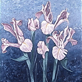 Lou Posner: 'irises', 1984 Oil Painting, Floral. Artist Description: I was commissioned to paint irises to match someone s office decor color scheme. . .  Collection J.  L. , Connecticut...