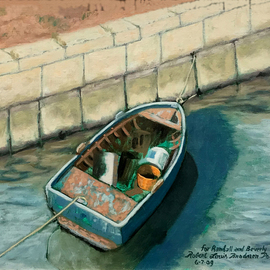 Lou Posner: 'the blue boat', 2009 Oil Painting, Marine. Artist Description: A busted up, broken down fishing boat in Croatia, where Randall Kleeman was visiting.  Randall loves rescuing distressed boats and is a master carpenter, owner and operator of Tell City Wood Boat, in Tell City, Indiana.  Collection of Randall Kleeman. ...