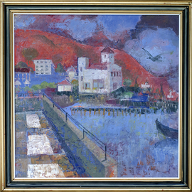 Dumitru Macovei: 'View from the balcony', 2014 Oil Painting, Landscape. Artist Description:  balchik, port, boat, bay, water, beach, purple, city, landscape, coast, sea, blue, violet ...