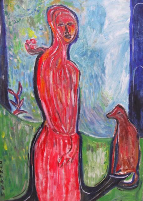 Durlabh Singh  'Lady With Dog', created in 2012, Original Painting Oil.