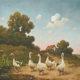 Dusan Vukovic: 'geese', 2015 Oil Painting, Animals. Artist Description: This is poetic realism. . .  ...