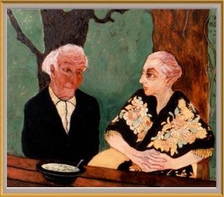 Bozena Dusseau Labedz: 'SOUP AT LES COULINNES CHAGALL  AND WIFE ', 1996 Oil Painting, Figurative. PAINTING NR 040217- TITLE SOUP AT LES COULINNES CHAGALLAND WIFE - 1996DIM . 150 X 130 CM. - OIL ON CANVAS ...