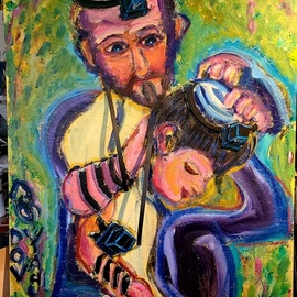 Dovid Yehuda Grossman: 'donning tefillin', 2023 Acrylic Painting, Religious. Artist Description: First time putting on prayer tefillin for a Bar Mitzvah boy. Acrylic on plywood...