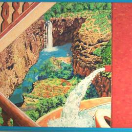 Jack Earley: 'Havasupai Falls', 1992 Acrylic Painting, Landscape. Artist Description: Here again nature and architecture are combined to define one and elevate the other. The painting is protected with Soluvar varnish and in a blue frame edged with the same color as the wall fountain....