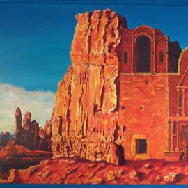 Jack Earley: 'Mission Rock', 1993 Acrylic Painting, Landscape. Artist Description: Throughout my painting career, I have been fascinated with letting a landscape speak by putting architectural elements into it. If the rocks in Monument Valley arenspiritual, I donknow what are. The painting is finished with soluvar varnish for preservation and is in a blue edged with a rust ...