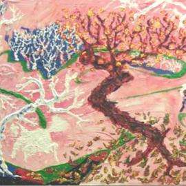 Jack Earley: 'Sycamores and a Plum Tree', 2001 Acrylic Painting, Landscape. Artist Description: This painting combines the wild sycamores and a decorative plum tree.  There is Soluvar varnish to protect the painting and textured antique gold on the edges to preclude the need for a frame....