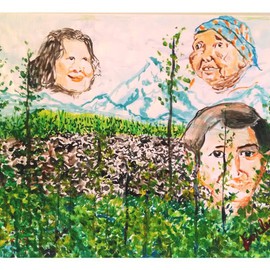 Jack Earley: 'Three Sisters', 2014 Other Painting, Indiginous. Artist Description:  This ink and watercolor painting depicts scenes from Oregons Wilderness Area of that name and an image of three Native American women from that region.  Paper on strecher bars, it is preserved with high quality soluvar varnish. ...