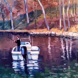 Edward Abela: 'sunday afternoon', 2019 Oil Painting, Landscape. Artist Description: Walking along the river Occoquan in Virginia, I was touched by the serenity and peace of this fishing boat. ...