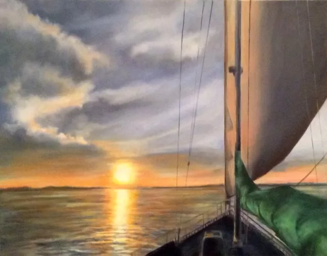 Renee Pelletier Egan: 'elliots journey', 2019 Oil Painting, Sea Life. A dramatic sunset while sailing on a sailboat. ...