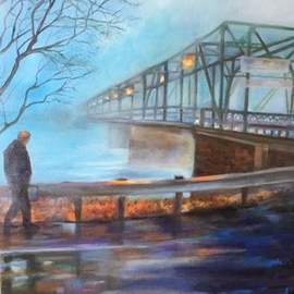 Renee Pelletier Egan: 'man at a misty bridge', 2019 Oil Painting, Figurative. Artist Description: This painting shows the intensity of the early morning mist with a man walking toward a bridge in the early morning hours. The mist is an aqua color as the bridge s warm light shines upon the man. ...