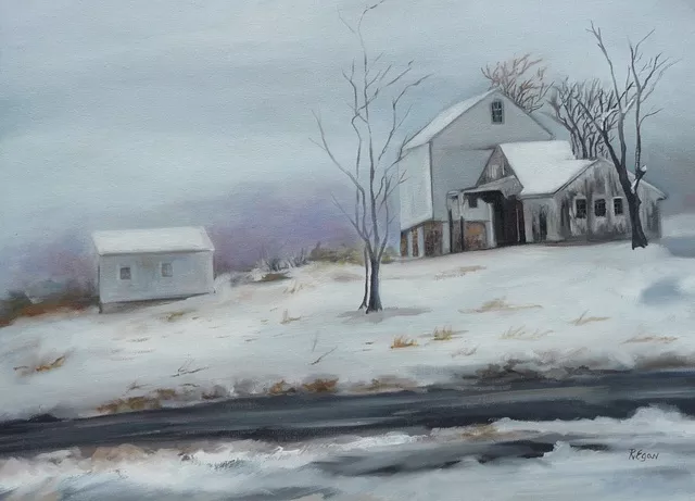 Renee Pelletier Egan: 'winter farm', 2017 Oil Painting, Farm. This winter painting depicts a snowy day at a farm, where you feel the quiet and tranquility, where the road feels recently plowed. ...