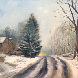 Renee Pelletier Egan: 'winter ride home', 2018 Oil Painting, Landscape. Artist Description: This winter scene shows the soft light on a winter road with a road curve showing car lights ahead...