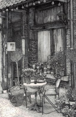 Nazanin Majdi: 'mistral coffee shop', 2019 Ink Drawing, Landscape. Artworks with stippling technique, black ink on Tracing paper...