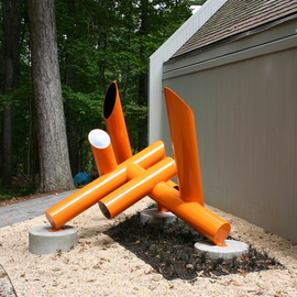 Esmoreit Koetsier: 'energie ii 2005', 2005 Steel Sculpture, Minimalism. Artist Description: The design of this work started with some immediate goals.  Tubular sections arranged in straight and 90 Degree angles.  No prominent base and a feeling of pointing direction.  This piece was originally painted black but was changed to orange following the installation at Hugh Newell JacobsenaEURtms Harvey ...