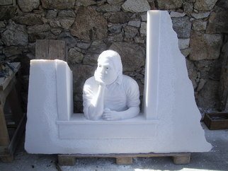 Andrew Wielawski: 'Mykonian Man', 2008 Stone Sculpture, Figurative.  Mykonian man wants to know whether he shouild eat his apple, or try to sell it. ...