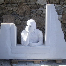 Andrew Wielawski: 'Mykonian Man', 2008 Stone Sculpture, Figurative. Artist Description:  Mykonian man wants to know whether he shouild eat his apple, or try to sell it. ...