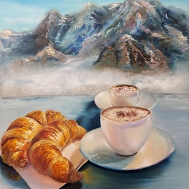 Elena Mardashova: 'breakfast in the sky', 2022 Oil Painting, Mountains. Artist Description: Original oil painting  Breakfast in the sky ,on canvas 50 x 60 cm,2022...