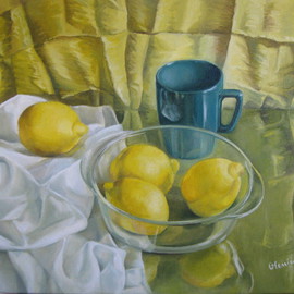 Elena Oleniuc: 'Yellow', 2009 Oil Painting, Still Life. Artist Description:  art, painting, still life, lemons, bowl, green, yellow, canvas, oil  ...