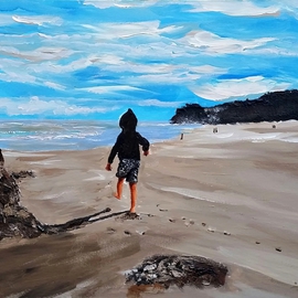 Eli Gross: 'Children have their play on the seashore of worlds ', 2016 Acrylic Painting, Beach. Artist Description:  child, sea, shore, storm, landscape ...