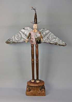 Elizabeth Frank: 'all souls angel', 2020 Mixed Media Sculpture, Figurative. The All Souls Angel is from a series called Ghosts and Angels.  It s carved from found aspen wood.  The legs are reclaimed wood.  The base is architectural salvage, an antique corbel from India.  The wings and frame in the figures hand are made from antique ceiling tin.  Inside the ...