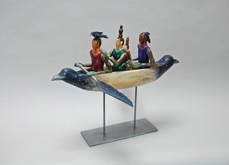 Elizabeth Frank: 'together flying through the sky', 2020 Mixed Media Sculpture, Archetypal. Carved from found aspen wood with cast bronze components.  Painted with acrylic.  Finished with wax. ...