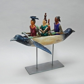 Elizabeth Frank: 'together flying through the sky', 2020 Mixed Media Sculpture, Archetypal. Artist Description: Carved from found aspen wood with cast bronze components.  Painted with acrylic.  Finished with wax. ...